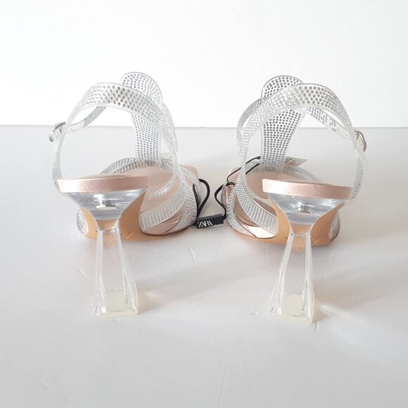 NWT Zara transparent rhinestone embellished vinyl heeled cage strappy sandals - Picture 10 of 15